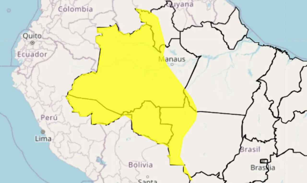 O mapa mostra as áreas em alerta para chuva intensa e raios